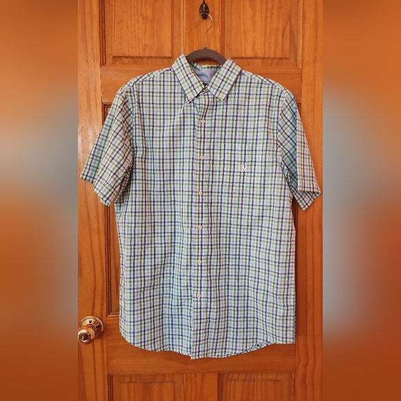 CHAPS MENS EASY CARE GREEN CHECKERED SHORT SLEEVES CASUAL DRESS SHIRT  MEDIUM M - Picture 1 of 7